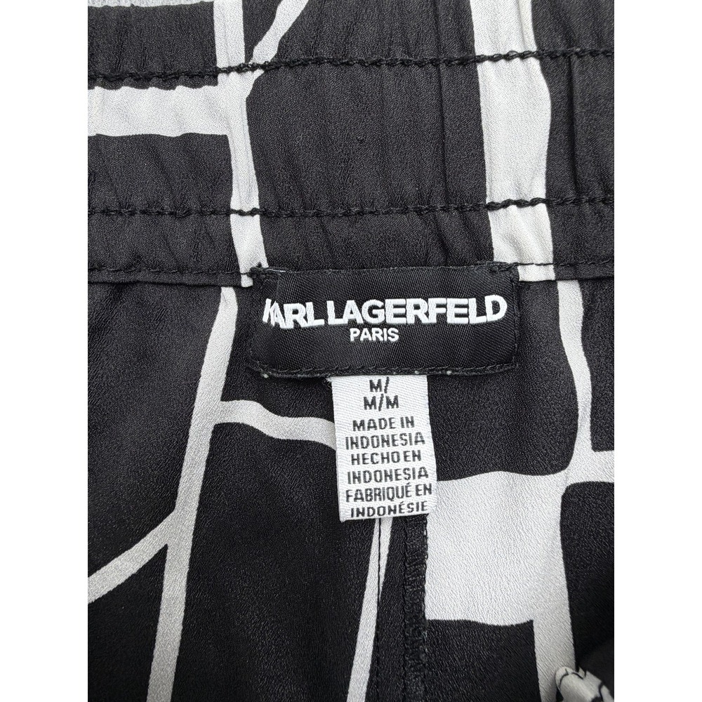 Karl Lagerfeld Paris Pants Womens M Black Geometric Satin Wide Leg Pull On Logo - Picture 11 of 15